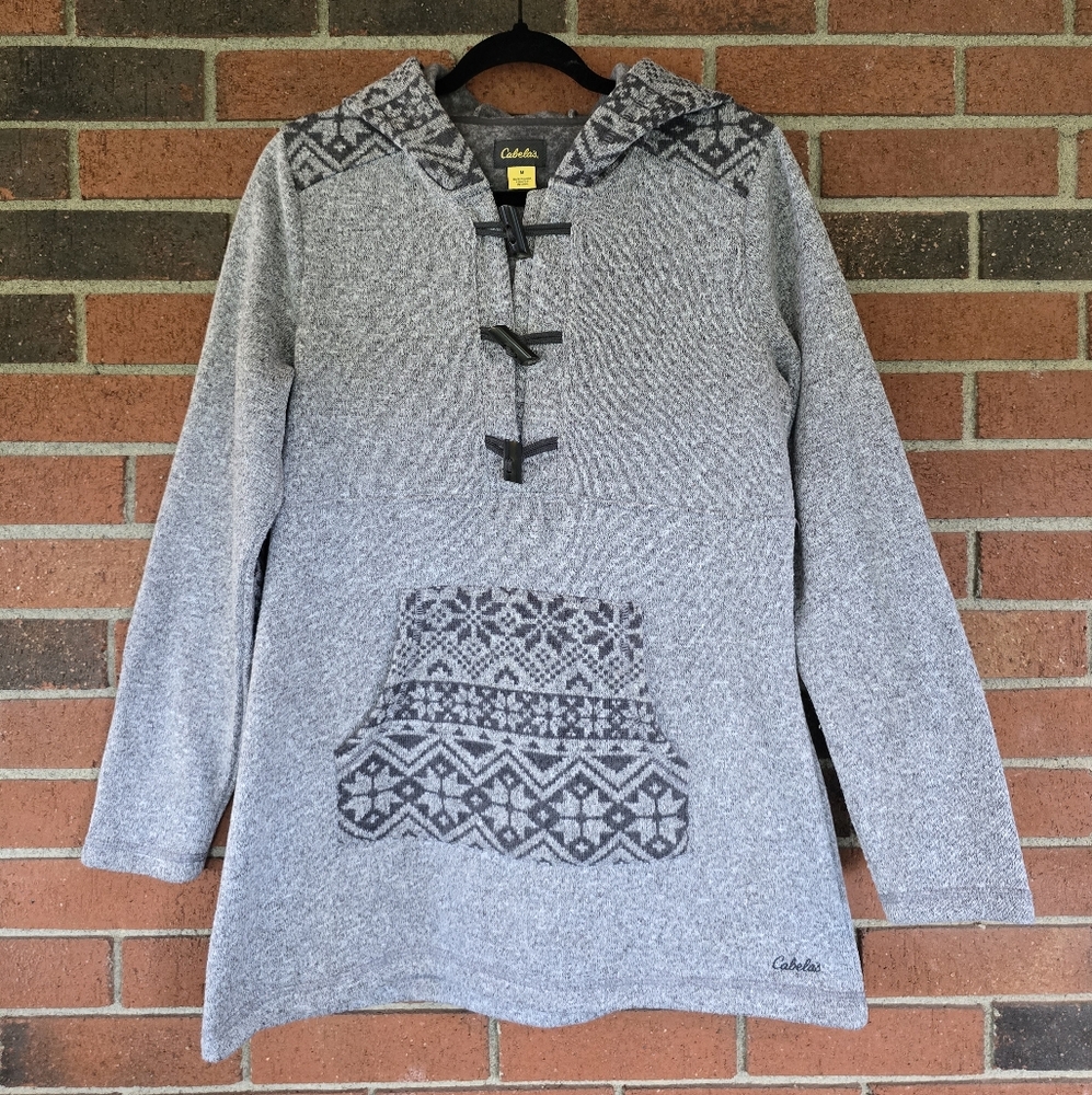 Cabelas‎ Pullover Hoodie Elbow Patch Fleece Kangaroo Pouch Aztec Sweater Medium